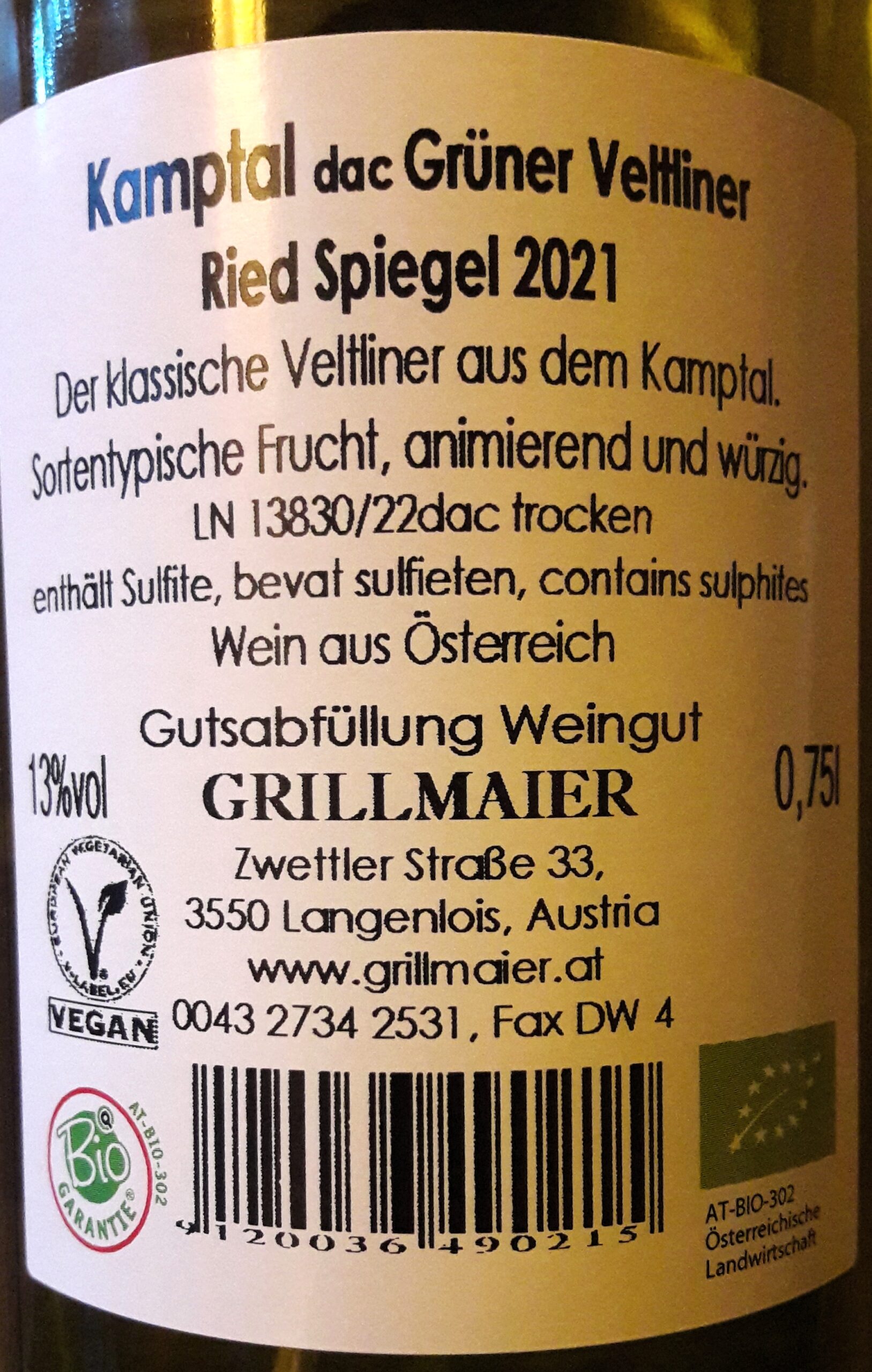 Kamptal dac Grüner Veltliner Ried Spiegel | Irmgard Wimmer Weinhandel